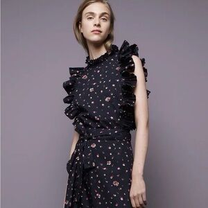 Rebecca Taylor Size 6 Black Floral Ruffle Sleeveless Blouse Dark Navy Garden Top